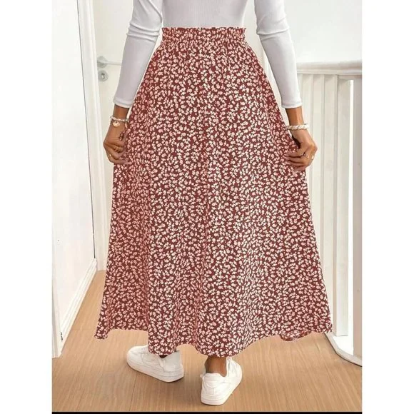 Boho floral print maxi skirt thigh slit navy blue - Picture 4 of 6